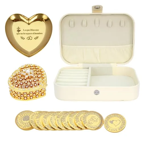 TINGKU Custom Wedding Coin Set - Arras para Boda Católica, 13 bendiciones únicas, caja de cuero de recuerdos de boda significativa-Gold Coins HB