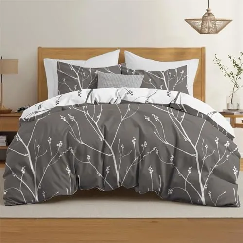 Dreamzie Funda Nordica Cama 150/160 Diseño de Ramas Grises con 2 Funda Almohada 65x65 cm Funda Nordica 220x240 de 100% Microfibra - Certificada Oeko Tex