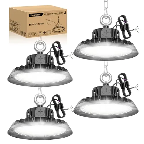 4 Pack 100W Lámpara de Alta Bahía UFO 17000LM Campana led Industrial Regulación 60W/80W/100W IP65 Antipolvo e Impermeable Foco LED 120° Driver Industrial Para Fábricas,Talleres,Garajes,Almacenes