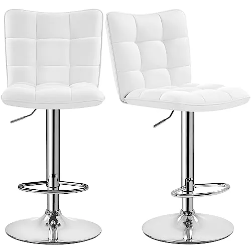 Yaheetech Juego de 2 Taburetes de Bar Taburetes Altos con Respaldo Regulable en Altura y Giratorio 360°, Estructura Metal y Reposapiés, Blanco