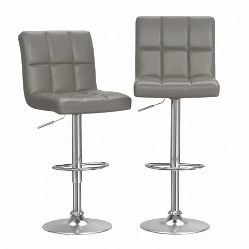 Bigzzia Taburete de Bar Juego de 2, Taburetes Altos de Cocina, Cuero Sintético Silla de Bar Regulable en Altura con Respaldo y Reposapiés, Giratorio en 360°, para Cocina, Mostrador, Bar, Gris