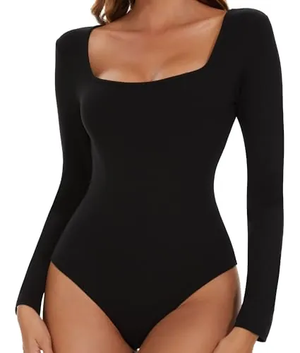 SHAPERIN Body para Mujer Manga Larga Cuello Cuadrado Long Sleeve Bodysuit Sexy Square Neck Jumpsuit Top Negro XL