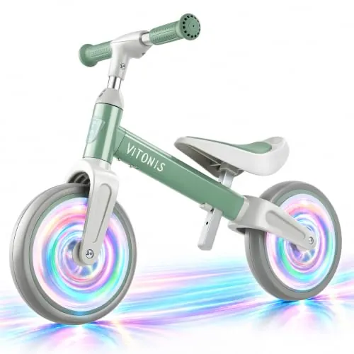 VITONIS Bicicleta sin Pedales con Ruedas Luminosas, First Bike para Niños de 1,5 – 4 años hasta 25 Kg, Volante y Sillín de Altura Ajustable, Ultraligero para Niños y Niñas, Verde-FG