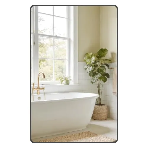 SONGMICS Espejo de Baño, Espejo de Pared, Rectangular, Marco de Aluminio, 110 x 70 cm, Lámina de Seguridad, 2 Opciones de Montaje, para Salón, Dormitorio, Negro Tinta LWM016BD01