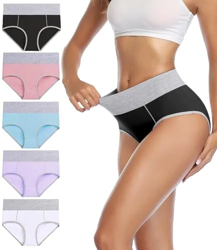 wirarpa Bragas Talle Alto Algodón para Mujer Culotte Braguita de Cintura Alta Cómodo 5 Pack, Negro, Rosa, Azul Claro, Morado Claro, Blanco Tamaño M