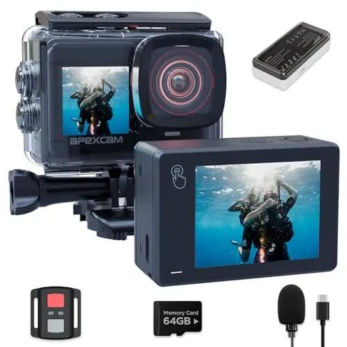 Apexcam Nueva X80pro con EIS cámara Deportiva de Doble Pantalla con 128G Tarjeta 4K60FPS 48MP Ultra HD WiFi cámara de acción cámara subacuática 40m Impermeable 2.4G Control Remoto 2x1350mAh baterías