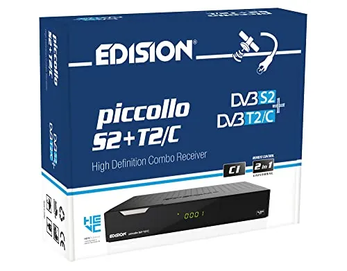Edision Receptor combinado PICCOLLO S2+T2/C H.265/HEVC (DVB-S2, DVB-T2, DVB-C), CI Full HD USB negro, control remoto universal 2 en 1