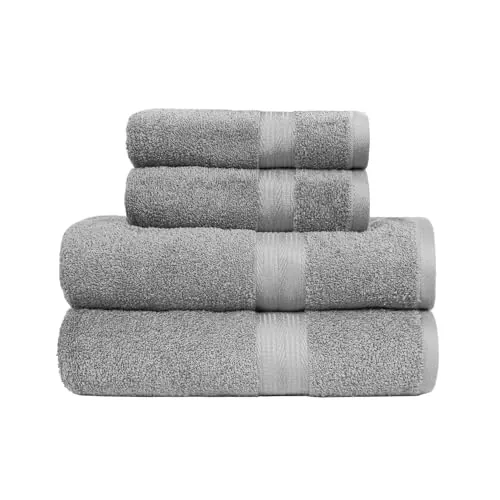 Amazon Basics Juego Toallas Baño Completo 100% Algodón 2 Toallas Baño + 2 Mano, Gris, Pack 4 Unidades