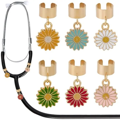SOFPLATE 6 pieza de Dijes de Estetoscopio de Margaritas de 6 colores Accesorios para Estetoscopio Lindas Pequeñas Flores de Esmalte de Aleación de Oro Decoración de Colores Mixtos Dijes de Etiqueta de