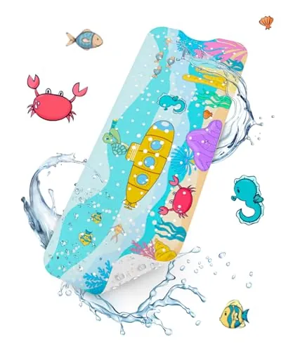 HITSLAM Alfombra Bañera Antideslizante Infantil, 101x40cm Extra Larga Alfombra Ducha Antideslizante, Alfombra Baño con Ventosas y Orificios de Drenaje, Suave para los pies, Lavable a Máquina, Océano