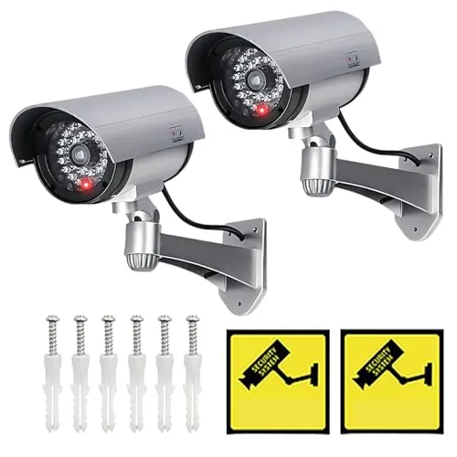 Vegena 2pcs Cámara Simulada, Camara Vigilancia Falsa, Cámara Falsa Dummy Cámara Camara Falsa Vigilancia Exterior Cámara Ficticia con Led Rojo Parpadeante para Uso Interior O Exterior Plata