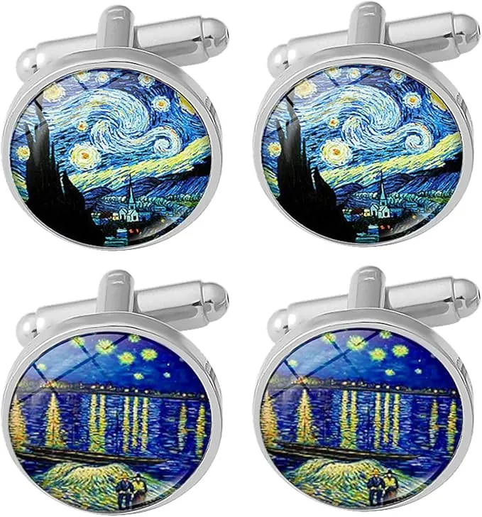 2 Pares De Puños De Pintura Al Óleo De Gogh, Botones De Manguito De Hombres, Botones Creativos De Desecho De Moda, Mangas Shirthemting, Hombres Y Mujeres Comunes, Hebillas De Decoración De Ropa
