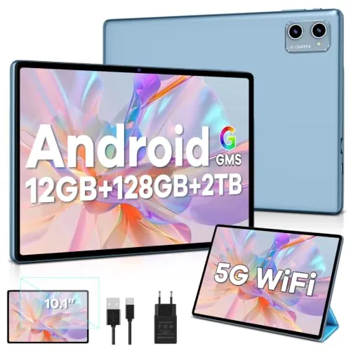 Android Tableta de 10 pulgadas 12 GB RAM + 128 GB ROM, TF de 2 TB, 5G + 2,4G WiFi, GPS, BT5.0, certificación GMS, 6000 mAh,Cámara dual de 8 + 5 MP, Cast, OTG, tipo C,Funda, teclado y ratón -Azul