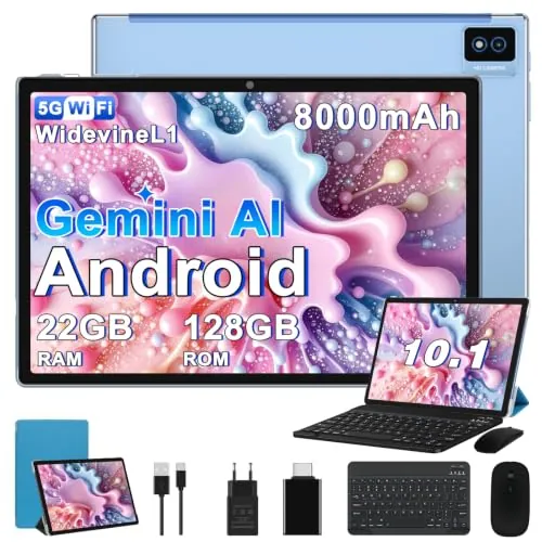 BIEGEDY 2026 Tablet 10 Pulgadas Gemini AI, Android 22GB RAM + 128GB ROM (TF 2TB), 8000mAh /Octa-Core 2.0 GHz/Widevine L1 / GMS / 5MP+8MP / 5G WiFi 6 / BT5.0 / GPS, Tablet con Teclado y Raton - Azul