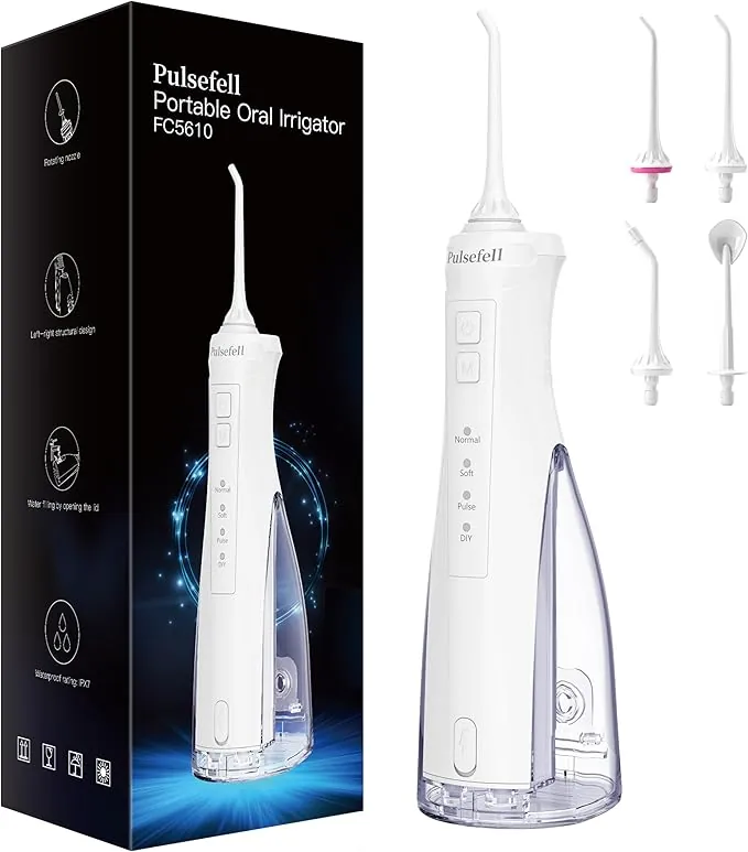 Irrigador Dental Portátil, 300 ML Water Flosser Recargable por USB Inalámbrico con 4 Boquillas y 4 Modos, Impermeable IPX7 para Hogar y Viajes (Blanco)