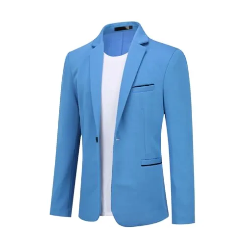 Allthemen Blazer Formal Hombre 1 Botón Slim Fit Saco Moda Cielo Azul L | Bolsillos Decorados con Costuras en Contraste, 1 Botón, Solapa Muesca, Tejido Elástico, Urbano Moderno, para Bodas Negocios