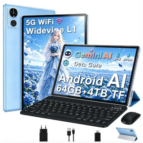 Gemini AI Tablet Android OS Tablets 10 Pulgadas, 64GB+2TB TF, 5G Wi-Fi, Octa-Core 2.0GHz, Widevine L1, 8+5MP, GMS, 6000mAh, Facial ID,GPS,BT5.0, 2 en 1 Tablet con Teclado,Ratón y Funda - Azul