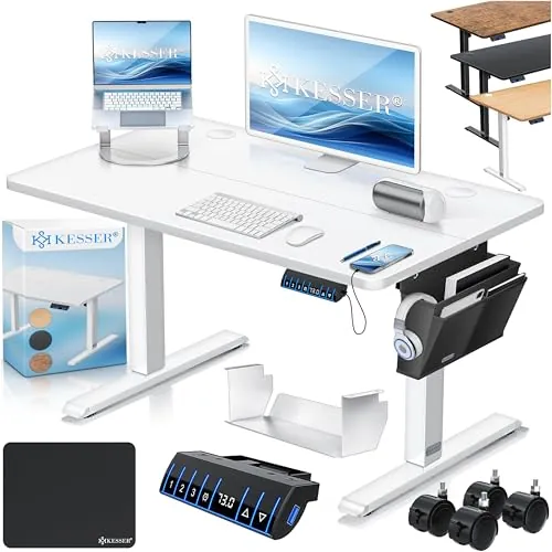 KESSER® Escritorio eléctrico Regulable en Altura, Escritorio Ergonómico de Bipedestación, Control de Memoria de 3 Funciones, Incl. Ruedas de 360° y Puerto de Carga USB, 100x60 cm - Blanco
