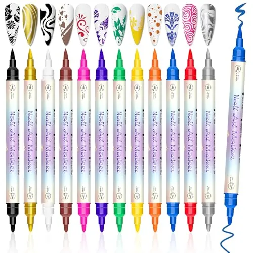 12 Pintauñas Boligrafo, Punta de 0,5-5 mm Colores Vivos Nail Pen, Esmalte de Uñas en Rotulador DIY Graffiti para Nail Art Rápido en Casa/Salón, Herramientas de Manicura Regalo para Carnaval Pascua