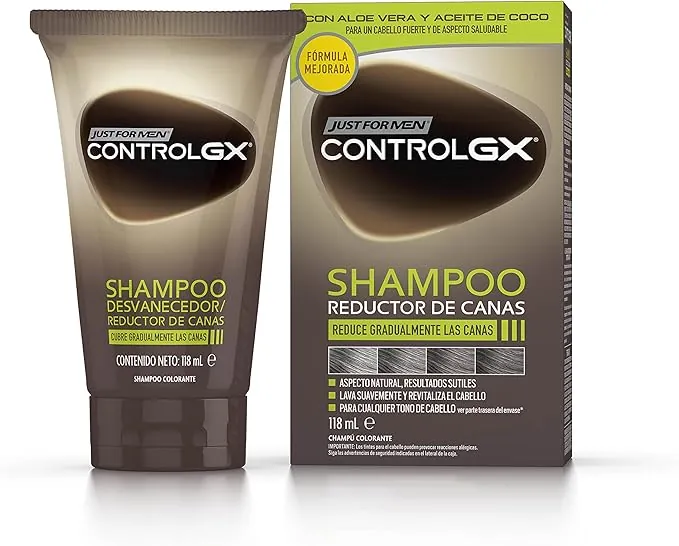 Just For Men Control GX Champú Reductor de Canas para Hombre, Reduce Las Canas Gradualmente en Cada Lavado, Con Aceite De Coco Y Aloe Vera, Para Todos Los Tonos, 118ml