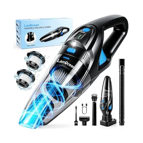 Aspirador de Mano con Estación de Carga, 25000Pa LED Aspirador Coche Hogar | Húmedo y Seco Aspirador de Mano Potente con 2 Filtro HEPA Lavable, 8000mAh 120W Mini Aspiradora Portatil para Coche Cocina