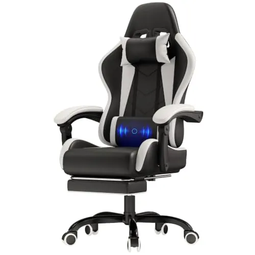 JUMMICO Silla Gaming Ergonómica con Masaje, Silla de Ordenador Reclinable 90-135° con Reposapiés, Silla de Trabajo Resistente 150 kg, Blanco