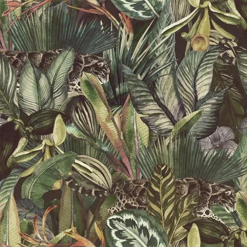 FunStick 44.5CM×9M Papel Pintado Selva Tropical Vintage Papel Pintado Pared Dormitorio Verde Hojas Impermeable Vinilo Adhesivo Pared Tropical Selva Leopardo Vinilo Adhesivo Verde Oscuro Baño Salón