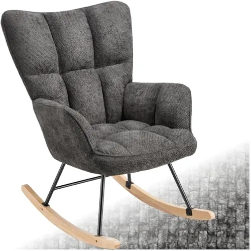 tectake® Mecedora Tapizada, Silla Mecedora, Butaca de Salón Estructura Acero y Patines Madera, Silla Lectura, Sillón Lactancia, Sillón Nórdico Dormitorio, Butaca Relax - Chenilla Antracita