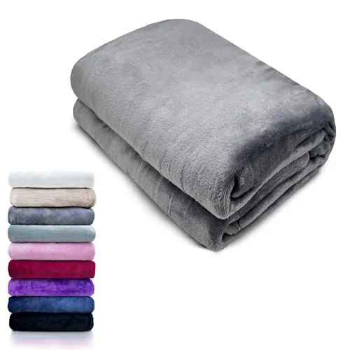 HTE Manta Microfibra para Cama Sofá y Sillón, Manta Polar Lisa de Tacto Suave Super Caliente para Adulto y Niño,Sin Arrugas (Gris, 220 x 240 cm)