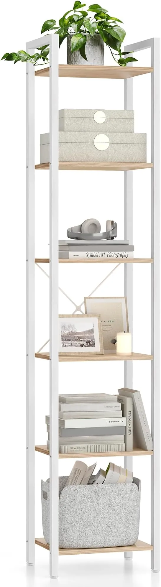 VASAGLE Librería de 6 Niveles, Biblioteca, Estantería para Oficina, Estudio, Sala de Estar, Dormitorio, 30 x 40 x 186 cm, Industrial, Beige Natural y Blanco Mate LLS101N01