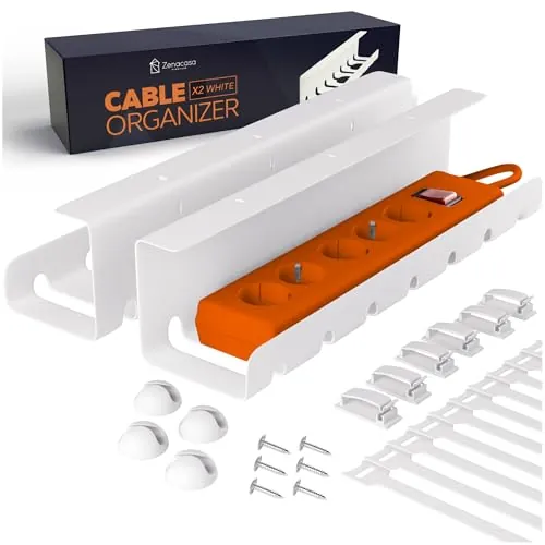 Zenacasa - Set de 2 Organizador Cables Escritorio de Acero Blanco | Bandeja y Pasacables Cables Escritorio con Accesorios · Montaje Sencillo · Caja Organizadora Cables Robusta y Práctica
