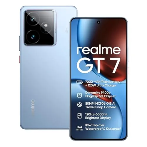 realme GT 7 5G Smartphone 12+512GB,Chip Dimensity 9400e,50MP IMX906 OIS +50MP Cámara,7000mAh Batería Titan, 6.78'' 120Hz 6000nits Pantalla de Deportes Profesionales,NFC,Azul