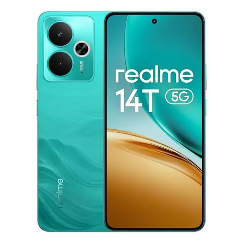 realme 14T Smartphone 5g, 8+256GB,Batería 5130 mAh,Procesador Dimensity 6300,IP69, Cámara de 50MP,Pantalla AMOLED para Esports de 120 Hz,Verde Surf,Exclusivo de Amazon (Sin Adaptador)