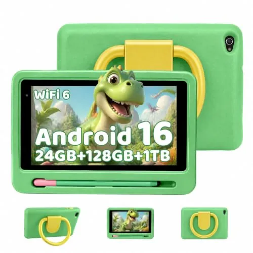 TT.KIDS Tablet para Niños 7 Pulgadas Android 16, 24GB RAM 128GB ROM (TF 1TB), 5G WiFi Tableta táctil, Doble cámara HD, Widevine L1/Control Parental/BT 5.4 Tabletas con Estuche EVA, Verde