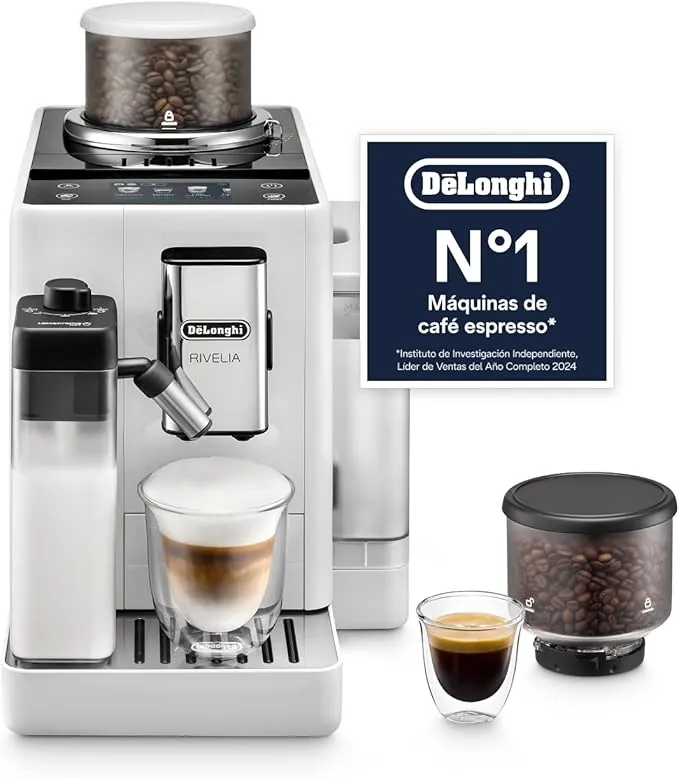 De’Longhi Rivelia – Cafetera Superautomática, LatteCrema Jarra de leche automática, 16 Bebidas One-Touch, Pantalla Táctil, Depósitos de Granos de Café Intercambiables, Blanco (EXAM440.55.W)