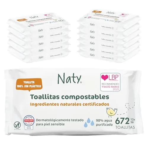 Naty toallitas para bebé sin perfume | 98% agua purificada | Para piel sensible | Suaves para recién nacidos | De origen vegetal y sin plástico | Certificadas compostables | 672 unidades (12 paquetes)