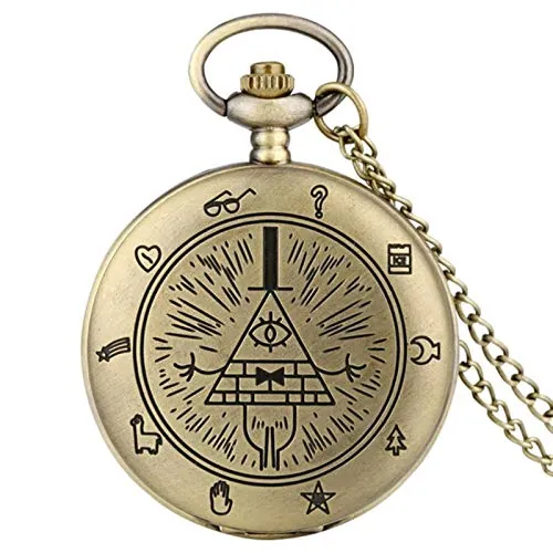 HUIBBGO Reloj de Bolsillo de Cuarzo con Forma de triángulo y Diablo de la Ciudad extraña de Eye of Providence, Colgante con Gema de Bill Cipher Fall Time