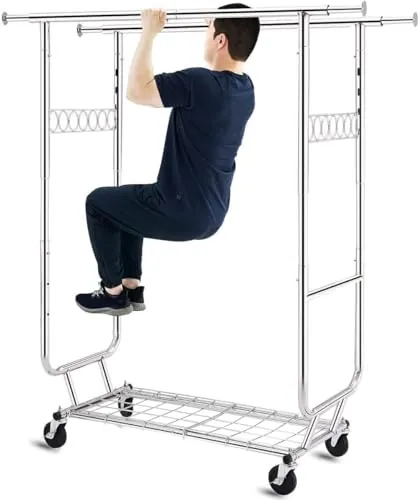 HOKEEPER Burro de Ropa Resistente de Doble Barra con Ruedas, 295kg, con Estante Inferior, Extensible - Ideal para Dormitorio, Boutique, Lavandería, Plateado