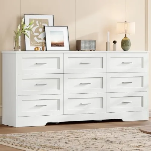 TEENFON Cómoda con 9 Cajones Blanca, 145 cm de Ancho Armario de Almacenamiento Multifunción, Aparador con Tiradores Metálicos & Guías para Dormitorio Salón Cocina, utilizable como Mueble TV, 145x35x75