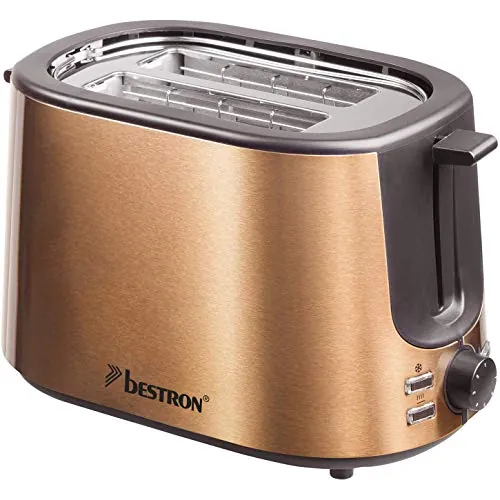 Bestron Tostadora para 2 Rebanadas, Depósito para Migas y Rejilla para Panecillos, 1.000 W, Acero Inoxidable en Color Cobre