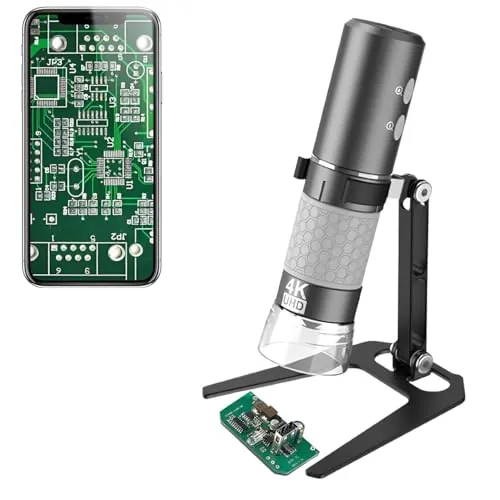 Jiusion WiFi USB Microscopio Digital de Mano, 50 a 1000x Aumento Inalámbrico Endoscopio 4K 3840x2160P Cámara 8 LED con Soporte de Metal para iPhone iPad Android Mac Windows Linux Chrome