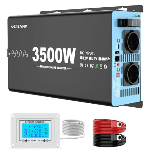 OLTEANP 3500W Inversor Onda Pura 24v a 230v Profesional, 7000W Pico, Convertidor de Corriente con Pantalla LCD y Mando, 2 Tomas AC y USB/Tipo-C, para Caravana Camper Batería Litio