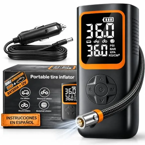 Compresor aire portatil coche, Batería +12V, 150 PSI-10,3 BAR, Inflador ruedas coche 6000 mAh con luz LED y power bank, Hinchador ruedas coche Ideal para emergencias, viajes y mantenimiento.