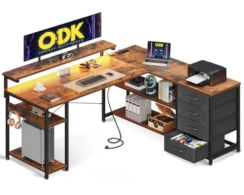 ODK Escritorio Esquinero Gaming con LED y 4 Cajones, 135x110cm, Marrón