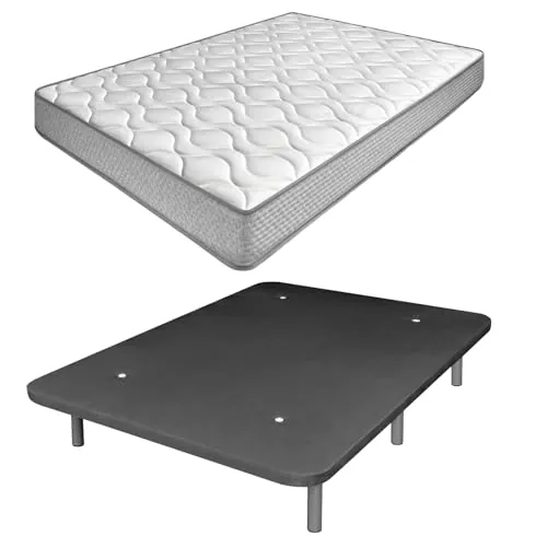 amuéblate Online - Cama Completa con Colchón Carla Reversible + Base Tapizada Extra Resistente con 6 Patas Cilíndricas Metálicas Roscadas, 90 x 190, Gris Oscuro