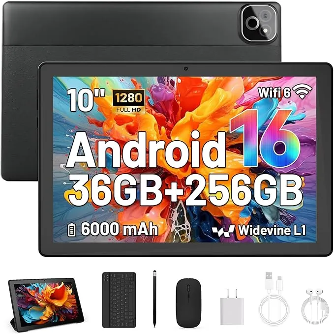 Tablet de 10 Pulgadas, Android 16 Tablet con Teclado, Octa Core, 36GB RAM 256GB ROM (1TB TF Expand) Cámara 5MP + 8MP 6000mAh Tablets de PC Touch Pad con Stylus Ratón Auricular y Caja (Negro)