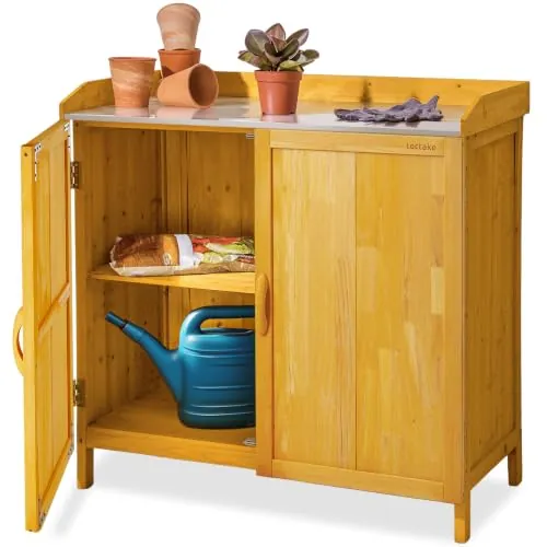 tectake® Armario Exterior de Madera con Estanterias Almacenaje, Ideal para Muebles Jardin Exterior y Jardin, con Superficie Galvanizada y Espacio Protegido para Almacenamiento - 98 x 48 x 95 cm