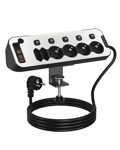 Enchufe de Mesa con USB C, Regletas Enchufes Proteccion Sobretension Carga Rápida PD20W 6 Tomas Ladron Enchufes Multiple con Interruptor Independiente Regleta Escritorio Pared 2M Cable,Negro