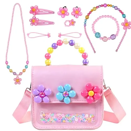Rieoany Bolso Niña con Set Pulseras, Regalos para Niñas Flores Perlas, Bolsa Escolar Portatarjetas Monedero Regalo Cumpleaños 10 Accesorios