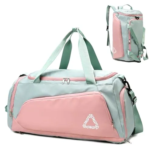 Outplea 40L Bolsa Deporte con Compartimento para Zapatos Mujer, Contrastante Mochila Bolsa Gimnasio con Bolsillo Mojado Grand, Bolso de Viaje Fin de Semana para Natacion, Rosa & Verde